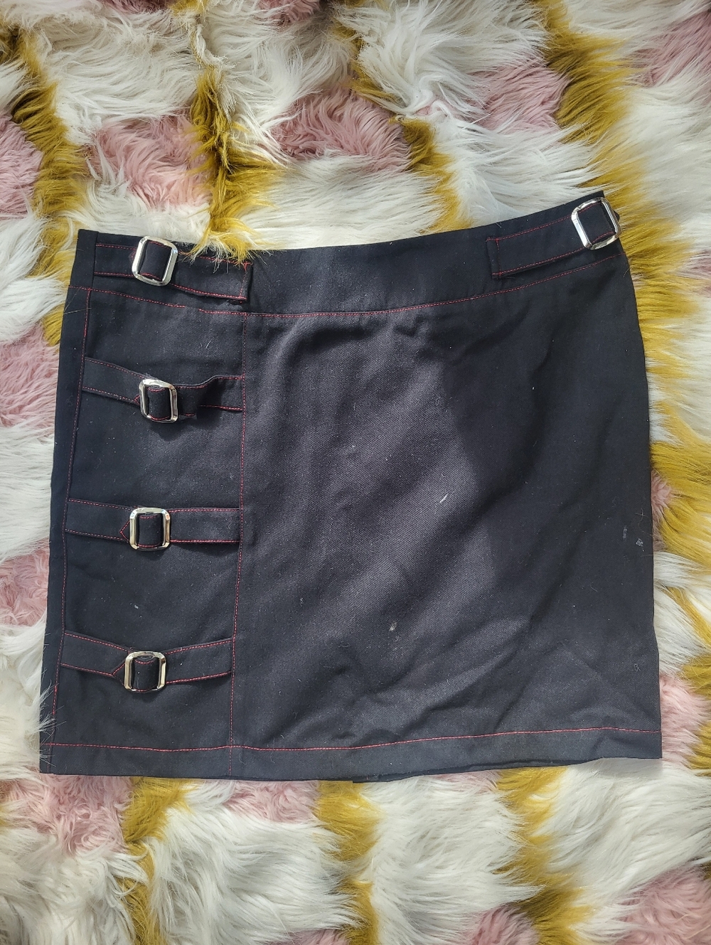 Shrine Y2k Vintage Black Mini Skirt with Buckle Red Stich  Skirt Goth Alt